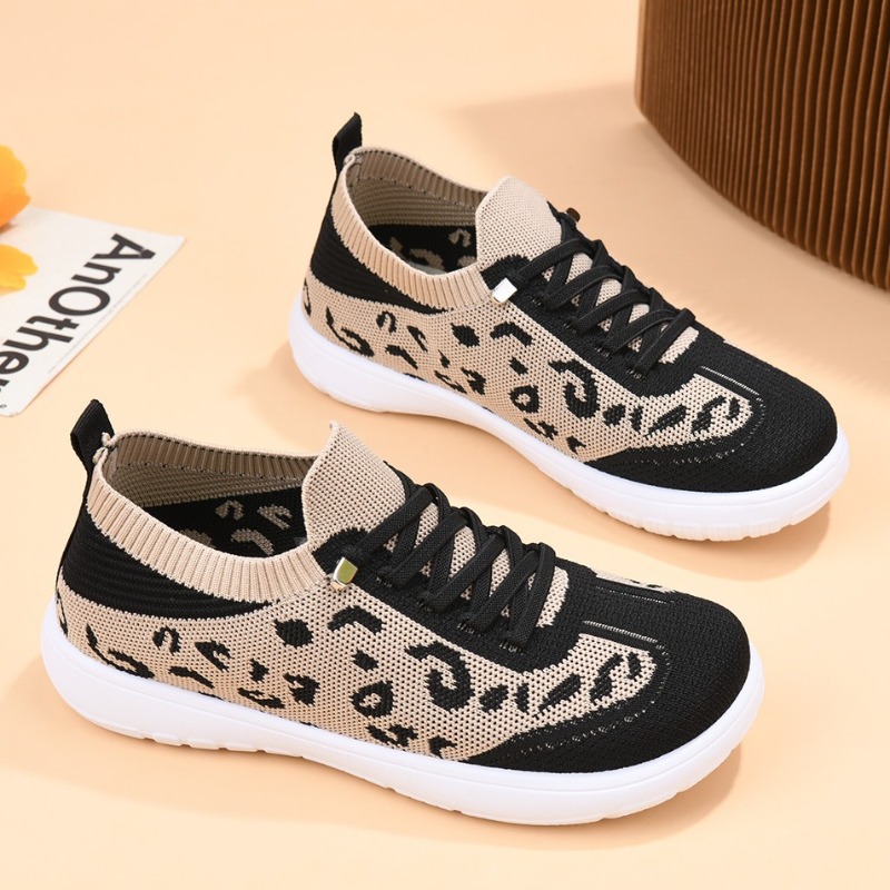 Sneaker Zone - Women Lace‑up Leopard Knit Mid‑top Sneakers